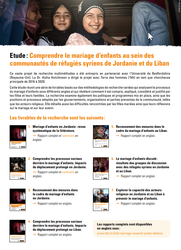 Etude : Comprendre le mariage d'enfants au sein des communautés de réfugiés syriens de Jordanie et du Liban