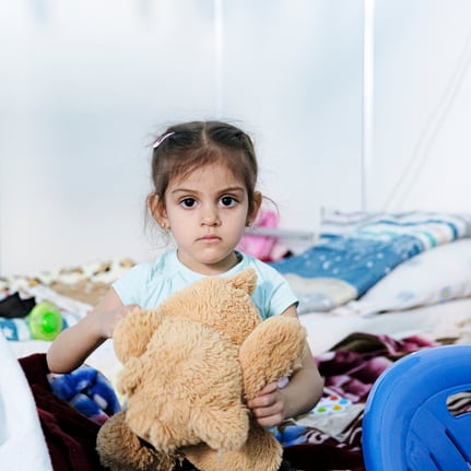 Luiza in her room at Moldexpo center. Chisinau, Republic of Moldova.